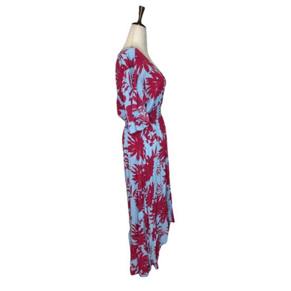 Abel The Label Anthro Cassidy Midi Dress S Floral Smocked Waist Pink Blue Hi Lo - Picture 6 of 9